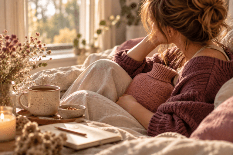 Frau gönnt sich mit Decke und Tee eine Auszeit am Fenster
