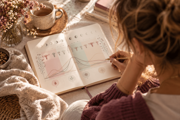 Frau zeichnet ein Zyklusdiagramm in ein Notizbuch, daneben eine Tasse Tee