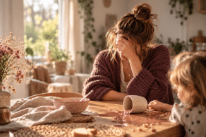 Erschöpfte Mama stützt am Frühstückstisch den Kopf in die Hand, ihr Kind sitzt neben ihr