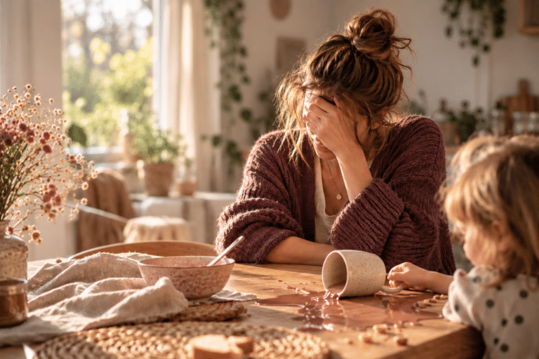 Erschöpfte Mama stützt am Frühstückstisch den Kopf in die Hand, ihr Kind sitzt neben ihr